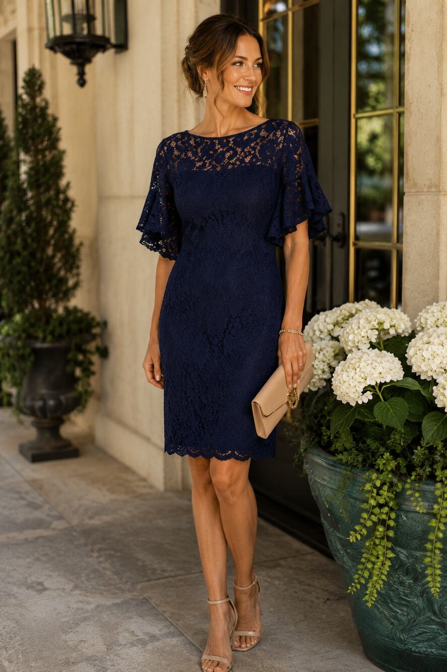 Lauren Ralph Lauren Navy Lace Cocktail Dress Women's Flutter Sleeve Sheath, sz 4